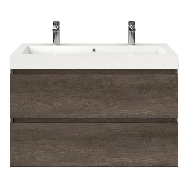 Bellanti Elena/Esta badmeubel 100x46 2 softclose laden olm donker grijs greeploos polystone wastafel wit met 2 kraangaten