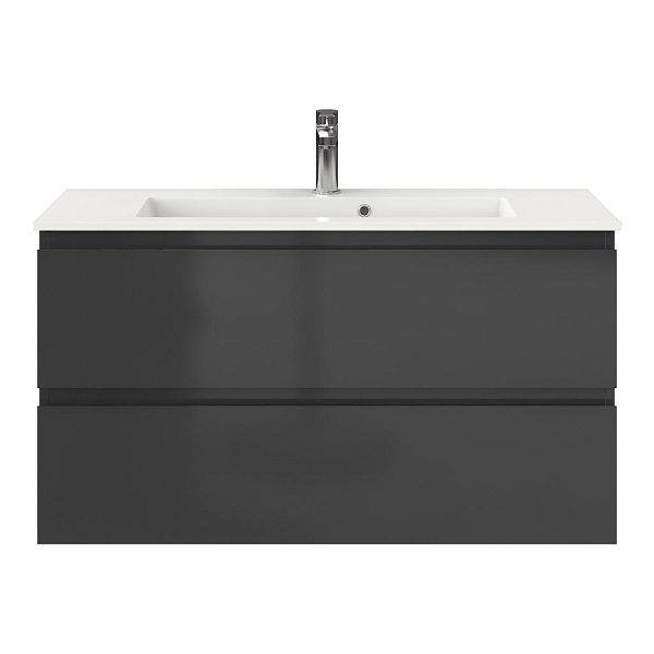 Bellanti Secca/Compact ondiep badmeubel 100x36 2 softclose laden antraciet hoogglans greeploos keramische wastafel wit met 1 kraangat