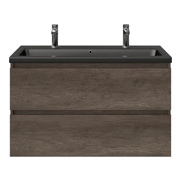 Bellanti Elena/Amelia badmeubel 100x46 2 softclose laden olm donker grijs greeploos keramische wastafel zwart mat met 2 kraangaten
