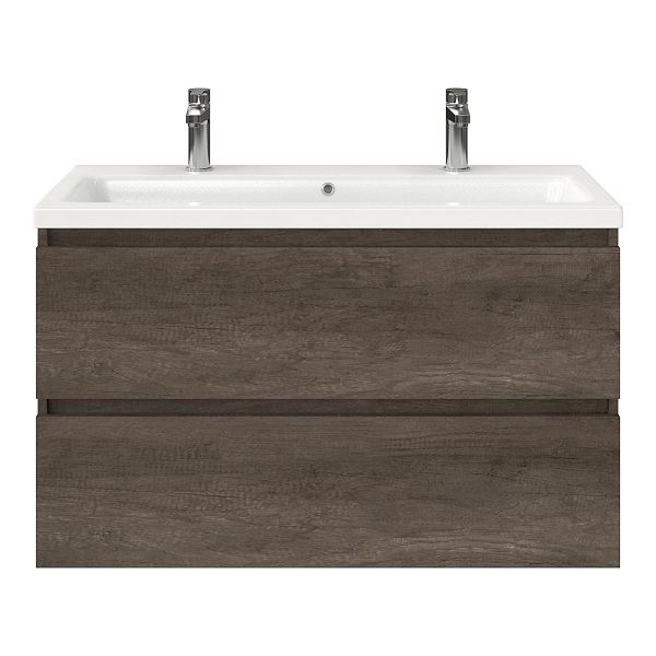 Bellanti Elena/Amelia badmeubel 100x46 2 softclose laden olm donker grijs greeploos keramische wastafel wit glans met 2 kraangaten
