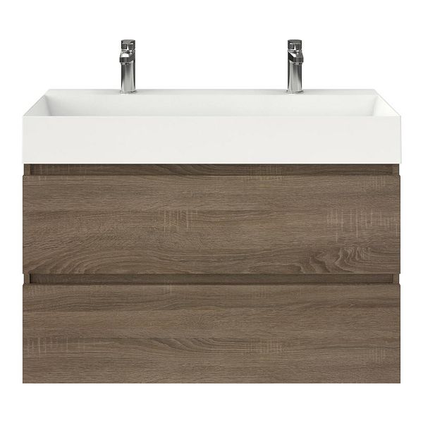 Bellanti Elena/Azzurra badmeubel 100x46 2 softclose laden eiken donker greeploos keramische wastafel wit glans met 2 kraangaten