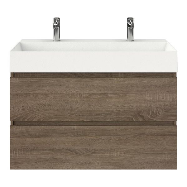 Bellanti Elena/Azzurra badmeubel 100x46 2 softclose laden eiken donker greeploos keramische wastafel wit mat met 2 kraangaten