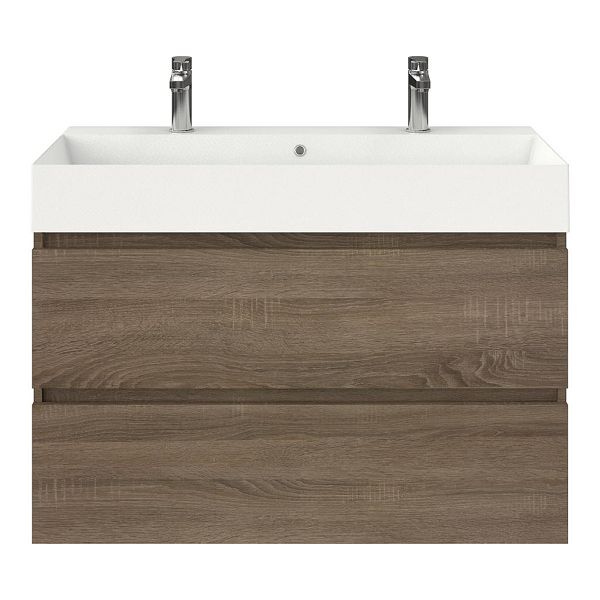 Bellanti Elena/Azzurra badmeubel 100x46 2 softclose laden eiken donker greeploos keramische wastafel wit mat met 2 kraangaten