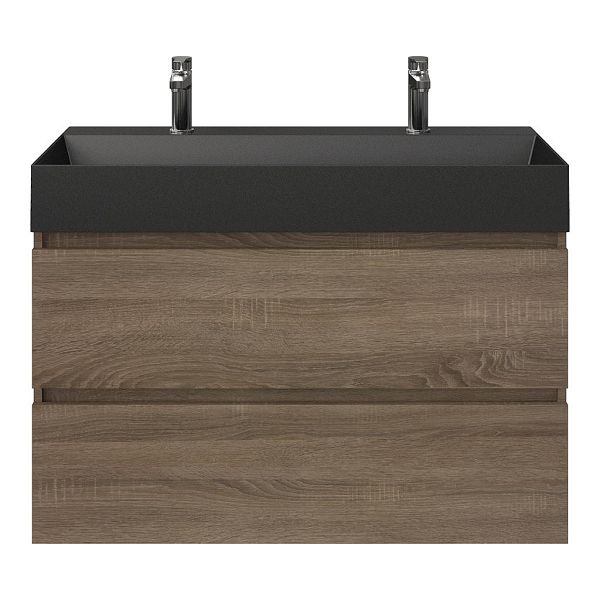 Bellanti Elena/Azzurra badmeubel 100x46 2 softclose laden eiken donker greeploos keramische wastafel zwart mat met 2 kraangaten