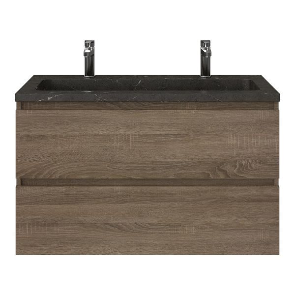 Bellanti Elena/Square badmeubel 100x46 2 softclose laden eiken donker greeploos natuursteen wastafel blue stone met 2 kraangaten