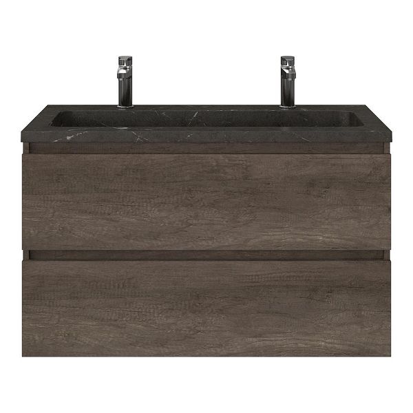Bellanti Elena/Square badmeubel 100x46 2 softclose laden olm donker grijs greeploos natuursteen wastafel blue stone met 2 kraangaten