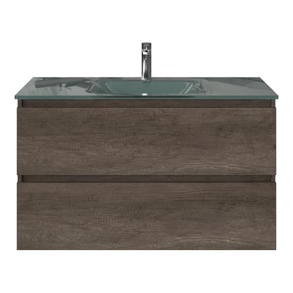 Bellanti Elena/Glass badmeubel 100x46 2 softclose laden olm donker grijs greeploos glazen wastafel zilvergrijs met 1 kraangat