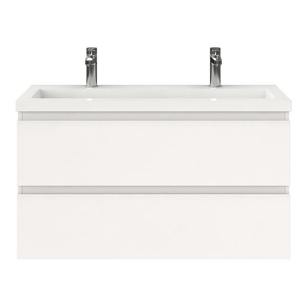 Bellanti Secca/Esta ondiep badmeubel 100x36 2 softclose laden wit hoogglans greeploos polystone wastafel wit met 2 kraangaten