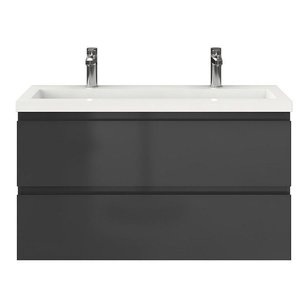 Bellanti Secca/Esta ondiep badmeubel 100x36 2 softclose laden antraciet hoogglans greeploos polystone wastafel wit met 2 kraangaten