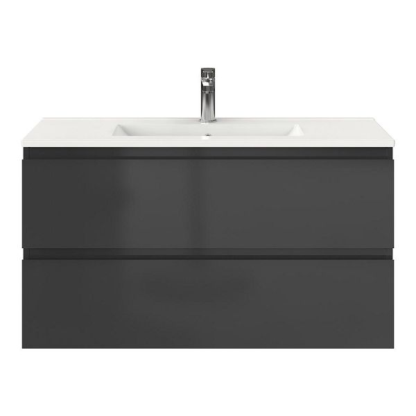 Bellanti Secca/Faro ondiep badmeubel 100x36 2 softclose laden antraciet hoogglans greeploos keramische wastafel wit met 1 kraangat