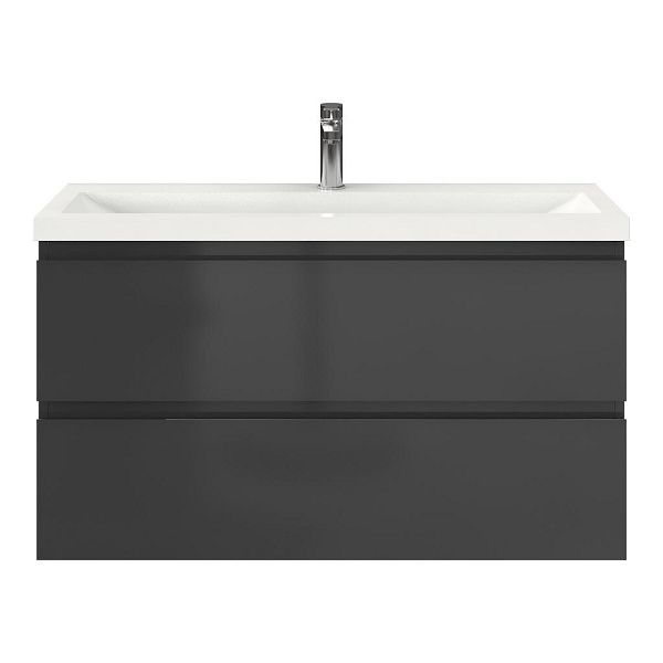 Bellanti Secca/Lidia ondiep badmeubel 100x36 2 softclose laden antraciet hoogglans greeploos polystone wastafel wit met 1 kraangat