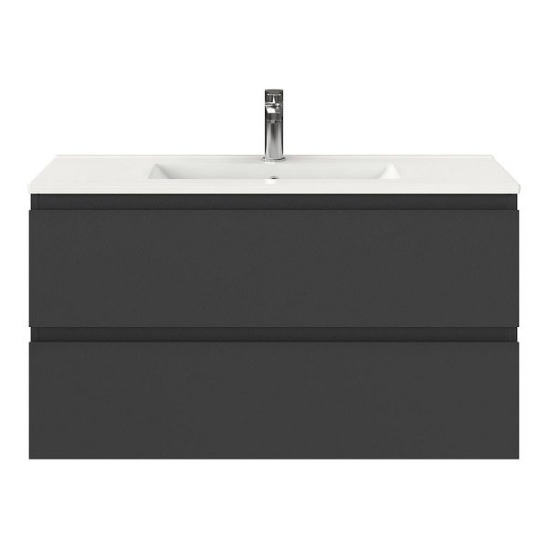 Bellanti Secca/Faro ondiep badmeubel 100x36 2 softclose laden antraciet mat greeploos keramische wastafel wit met 1 kraangat