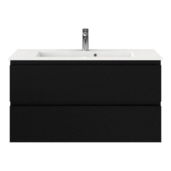 Bellanti Secca/Compact ondiep badmeubel 100x36 2 softclose laden zwart mat greeploos keramische wastafel wit met 1 kraangat