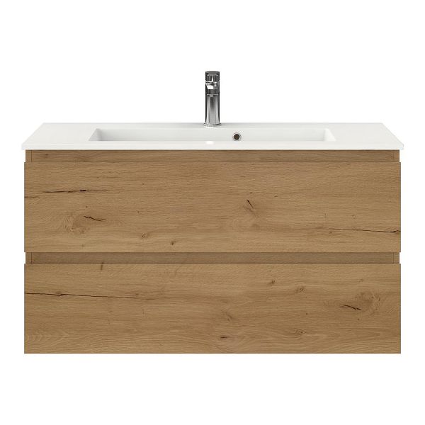 Bellanti Secca/Compact ondiep badmeubel 100x36 2 softclose laden eiken natuur greeploos keramische wastafel wit met 1 kraangat