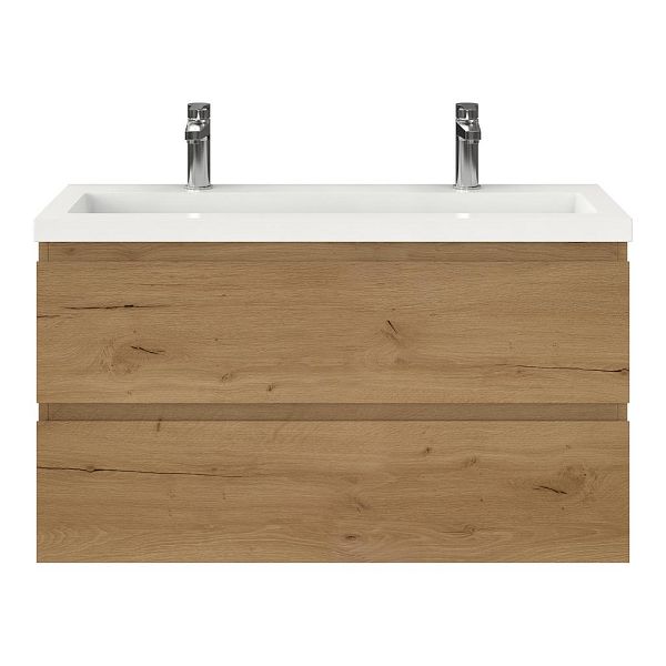 Bellanti Secca/Esta ondiep badmeubel 100x36 2 softclose laden eiken natuur greeploos polystone wastafel wit met 2 kraangaten