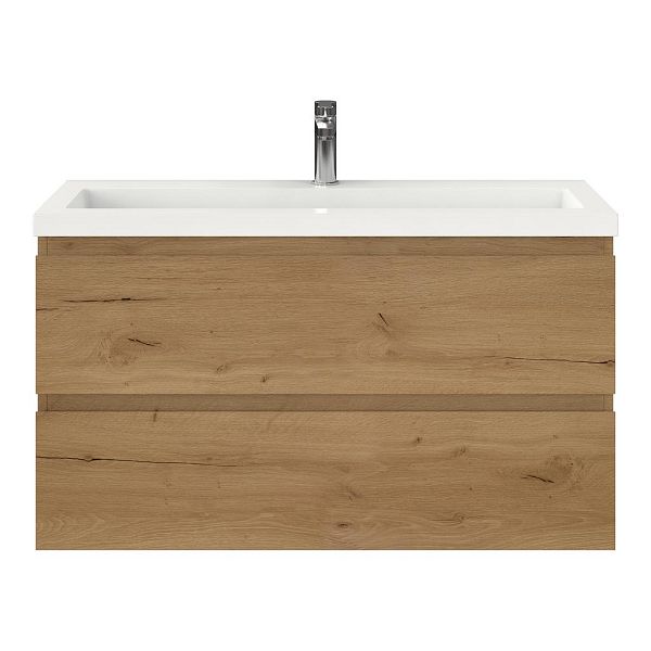 Bellanti Secca/Esta ondiep badmeubel 100x36 2 softclose laden eiken natuur greeploos polystone wastafel wit met 1 kraangat