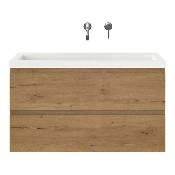 Bellanti Secca/Esta ondiep badmeubel 100x36 2 softclose laden eiken natuur greeploos polystone wastafel wit zonder kraangaten