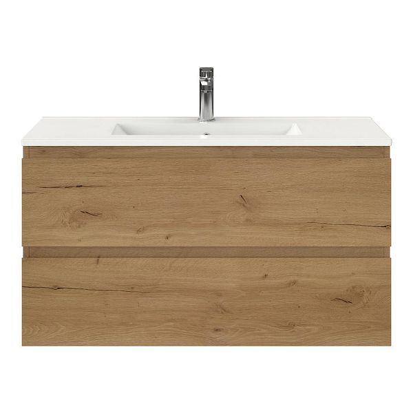 Bellanti Secca/Faro ondiep badmeubel 100x36 2 softclose laden eiken natuur greeploos keramische wastafel wit met 1 kraangat
