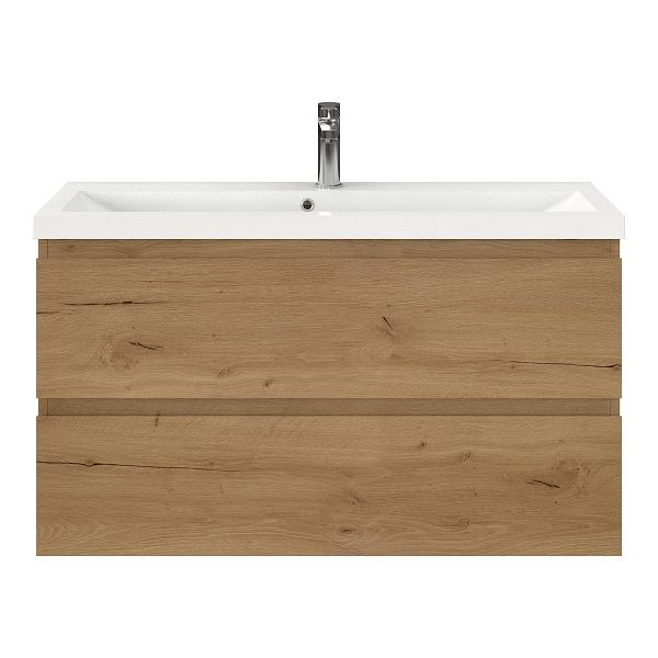 Bellanti Secca/Lidia ondiep badmeubel 100x36 2 softclose laden eiken natuur greeploos polystone wastafel wit met 1 kraangat