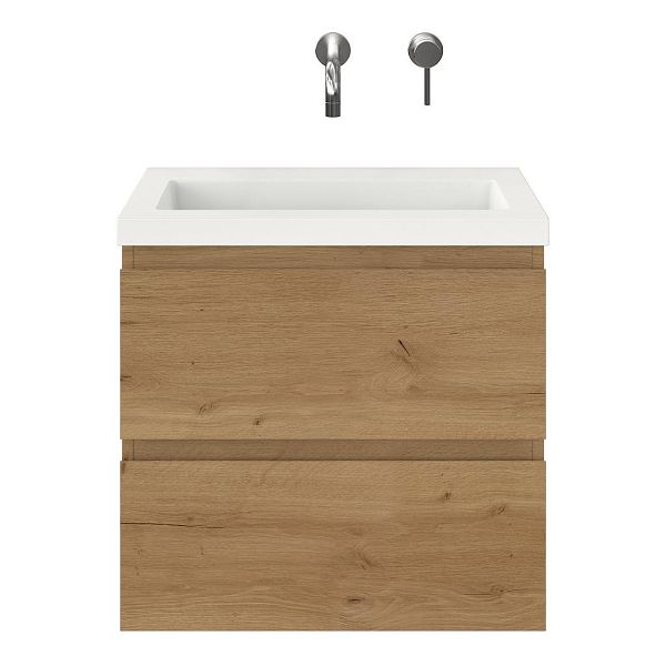 Bellanti Secca/Esta ondiep badmeubel 60x36 2 softclose laden eiken natuur greeploos polystone wastafel wit zonder kraangaten