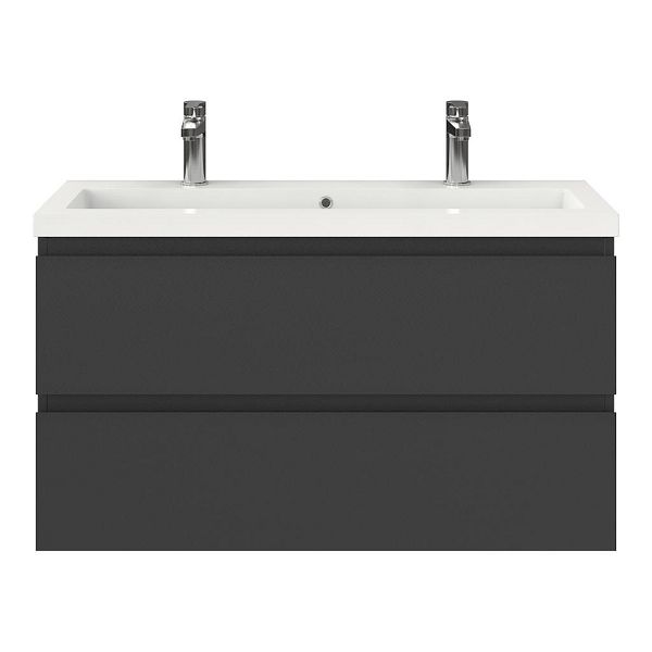 Bellanti Secca/Esta ondiep badmeubel 100x36 2 softclose laden antraciet mat greeploos polystone wastafel wit met 2 kraangaten