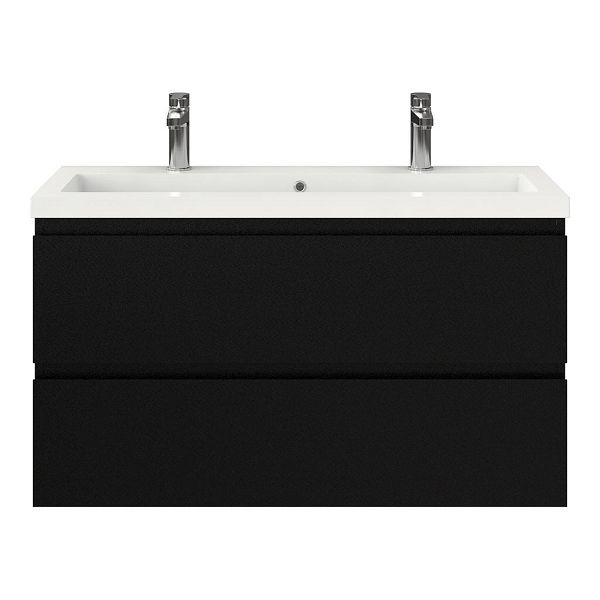 Bellanti Secca/Esta ondiep badmeubel 100x36 2 softclose laden zwart mat greeploos polystone wastafel wit met 2 kraangaten