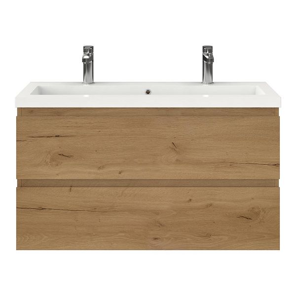 Bellanti Secca/Esta ondiep badmeubel 100x36 2 softclose laden eiken natuur greeploos polystone wastafel wit met 2 kraangaten