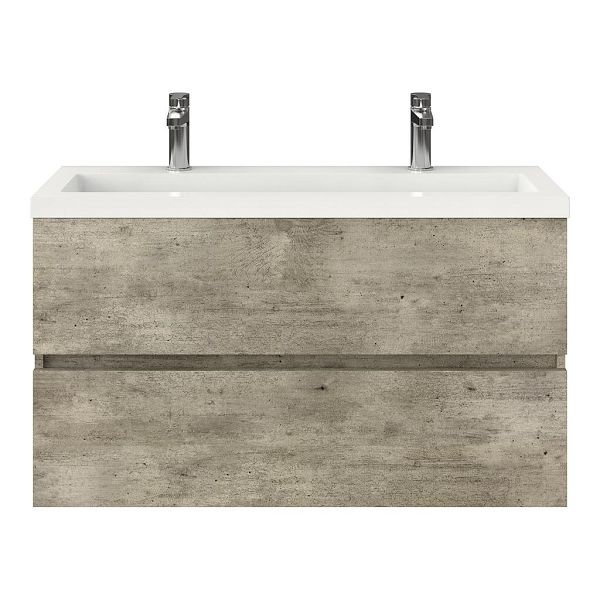 Bellanti Fabia/Esta ondiep badmeubel 100x36 2 softclose laden steigerhout licht grijs greeploos polystone wastafel wit met 2 kraangaten