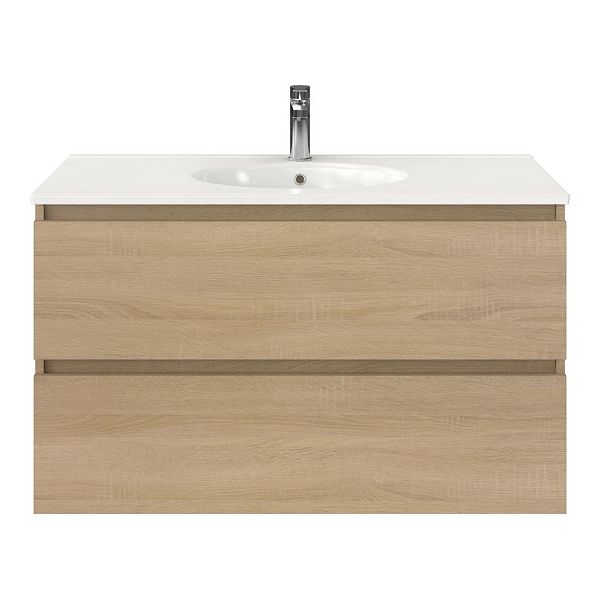 Bellanti Elena/Ovale badmeubel 100x46 2 softclose laden eiken licht greeploos keramische wastafel wit met 1 kraangat
