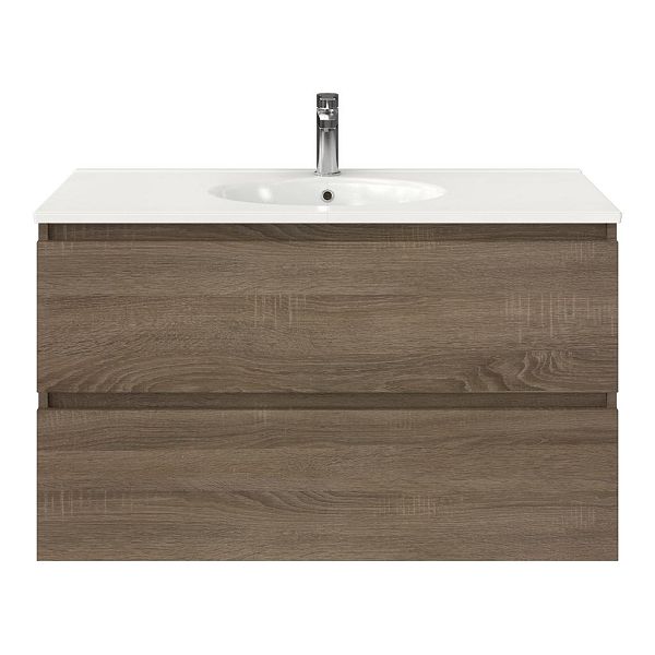 Bellanti Elena/Ovale badmeubel 100x46 2 softclose laden eiken donker greeploos keramische wastafel wit met 1 kraangat