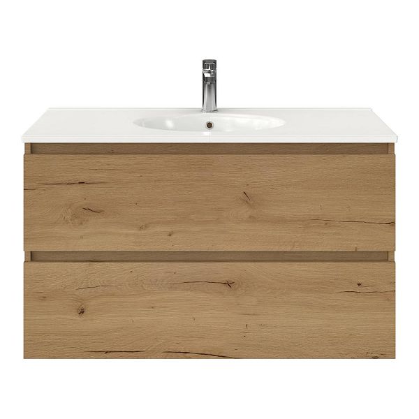 Bellanti Elena/Ovale badmeubel 100x46 2 softclose laden eiken natuur greeploos keramische wastafel wit met 1 kraangat