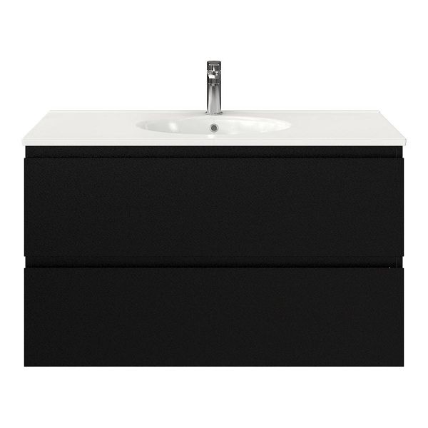 Bellanti Gisella/Ovale badmeubel 100x46 2 softclose laden zwart mat greeploos keramische wastafel wit met 1 kraangat