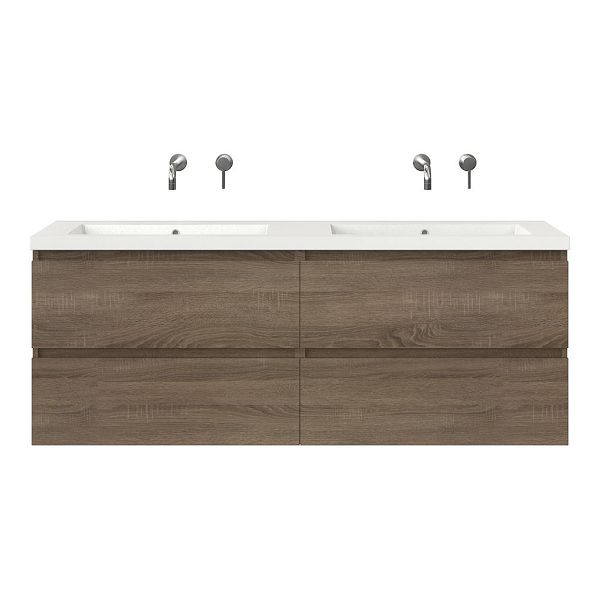 Bellanti Elena/Esta badmeubel 160x46 4 softclose laden eiken donker greeploos polystone dubbele wastafel wit zonder kraangaten