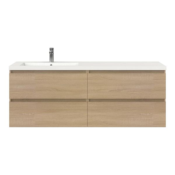 Bellanti Elena/Esta badmeubel 160x46 4 softclose laden eiken licht greeploos polystone enkele wastafel links wit met 1 kraangat