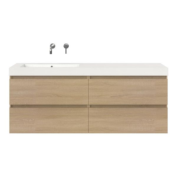 Bellanti Elena/Esta badmeubel 160x46 4 softclose laden eiken licht greeploos polystone enkele wastafel links wit zonder kraangat