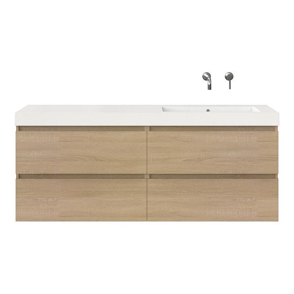 Bellanti Elena/Esta badmeubel 160x46 4 softclose laden eiken licht greeploos polystone enkele wastafel rechts wit zonder kraangat