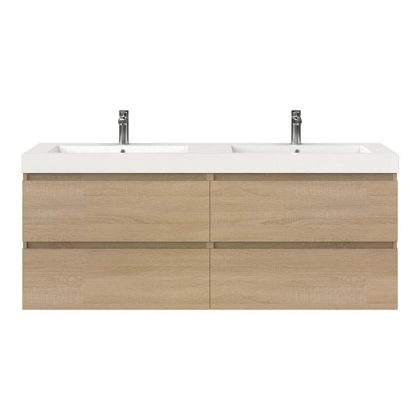 Bellanti Elena/Esta badmeubel 160x46 4 softclose laden eiken licht greeploos polystone dubbele wastafel wit 2 kraangaten