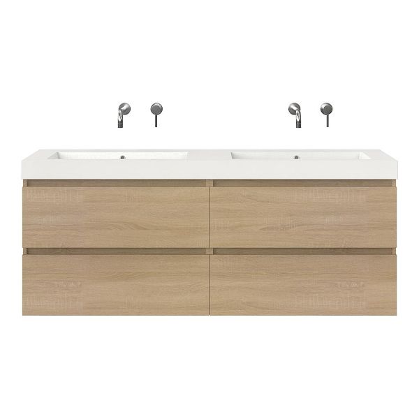 Bellanti Elena/Esta badmeubel 160x46 4 softclose laden eiken licht greeploos polystone dubbele wastafel wit zonder kraangaten