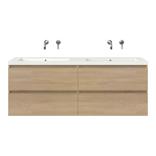 Bellanti Elena/Esta badmeubel 160x46 4 softclose laden eiken licht greeploos polystone dubbele wastafel wit zonder kraangaten