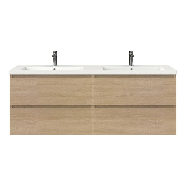 Bellanti Elena/Esta badmeubel 160x46 4 softclose laden eiken licht greeploos polystone dubbele wastafel wit 2 kraangaten