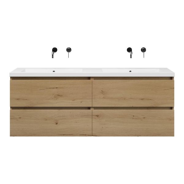 Bellanti Elena/Esta badmeubel 160x46 4 softclose laden eiken natuur greeploos polystone dubbele wastafel wit zonder kraangaten