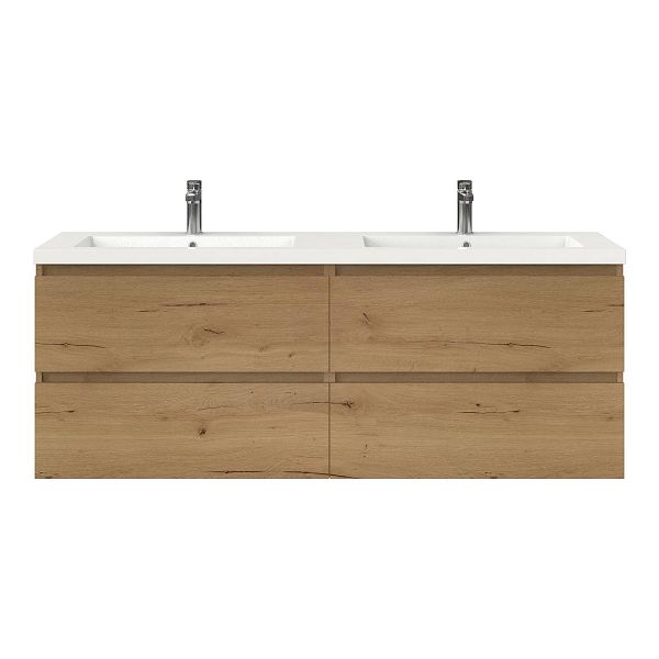 Bellanti Elena/Esta badmeubel 160x46 4 softclose laden eiken natuur greeploos polystone dubbele wastafel wit 2 kraangaten