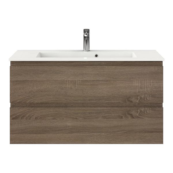 Bellanti Secca/Compact ondiep badmeubel 100x36 2 softclose laden donker eiken greeploos keramische wastafel wit met 1 kraangat
