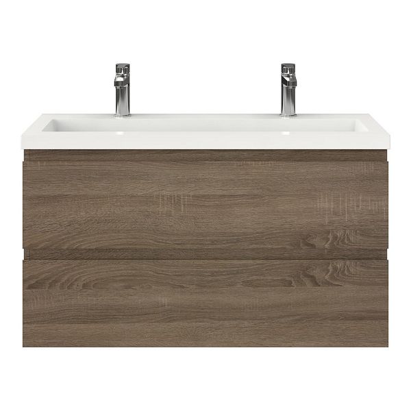 Bellanti Secca/Esta ondiep badmeubel 100x36 2 softclose laden donker eiken greeploos polystone wastafel wit met 2 kraangaten