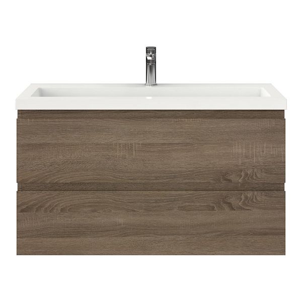 Bellanti Secca/Esta ondiep badmeubel 100x36 2 softclose laden donker eiken greeploos polystone wastafel wit met 1 kraangat