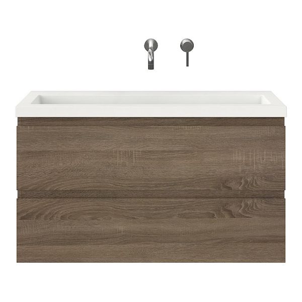 Bellanti Secca/Esta ondiep badmeubel 100x36 2 softclose laden donker eiken greeploos polystone wastafel wit zonder kraangaten