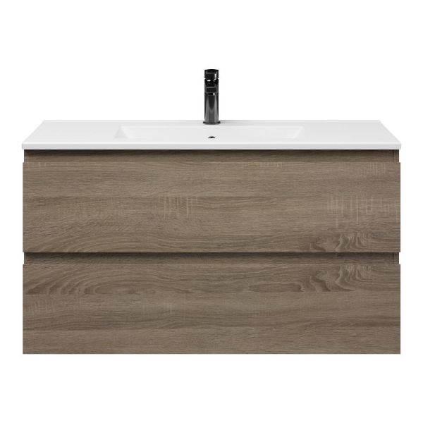 Bellanti Secca/Faro ondiep badmeubel 100x36 2 softclose laden donker eiken greeploos keramische wastafel wit met 1 kraangat