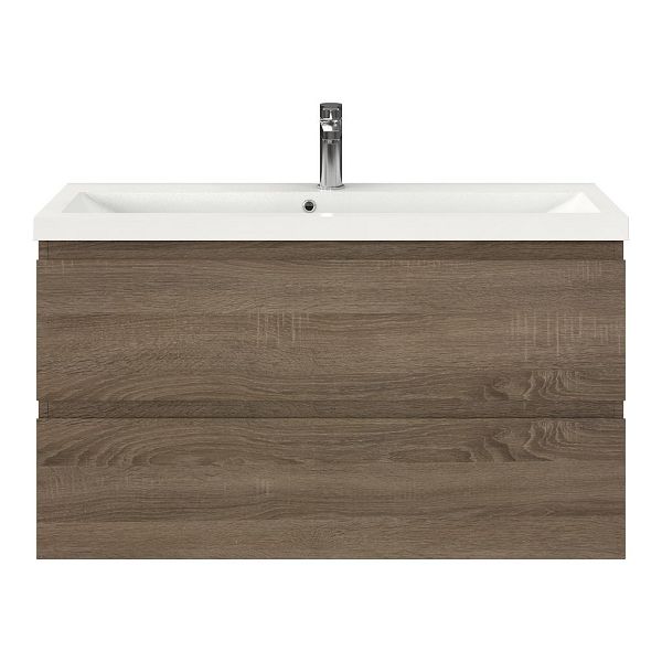 Bellanti Secca/Lidia ondiep badmeubel 100x36 2 softclose laden donker eiken greeploos polystone wastafel wit met 1 kraangat