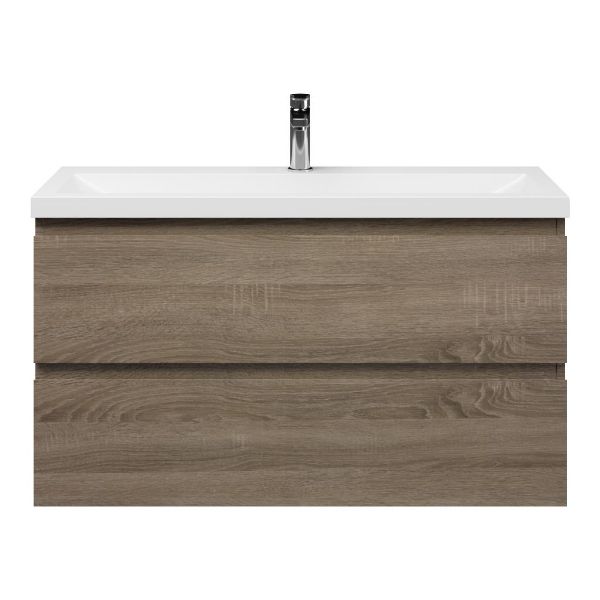 Bellanti Secca/Lidia ondiep badmeubel 100x36 2 softclose laden donker eiken greeploos polystone wastafel wit met 1 kraangat