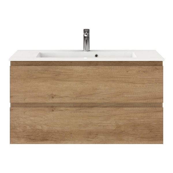 Bellanti Secca/Compact ondiep badmeubel 100x36 2 softclose laden olm greeploos keramische wastafel wit met 1 kraangat